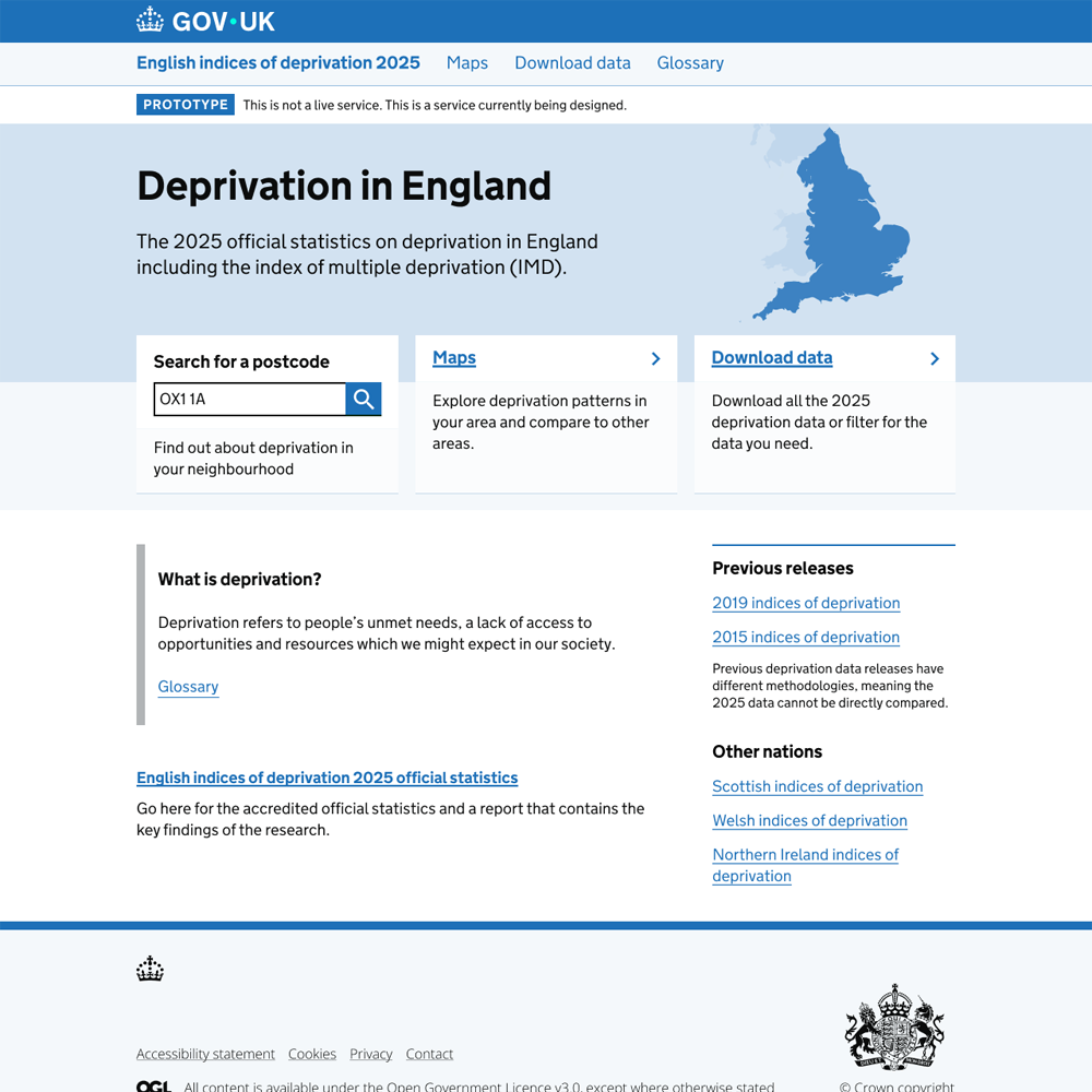 Screenshot of Deprivation app homepage